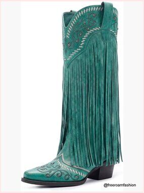 Knee High Cowboy Cowgirl Boots Fringe Embroidered Pointed Toe Block Heel